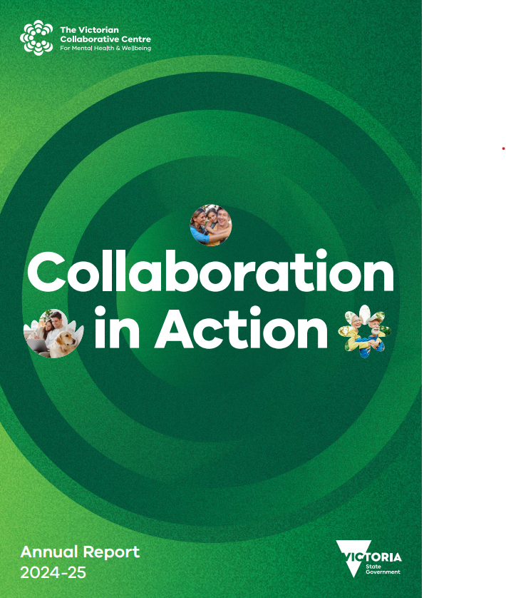 Picture of front cover of our annual report featuring green swirls with with the words 'collaboration in action;